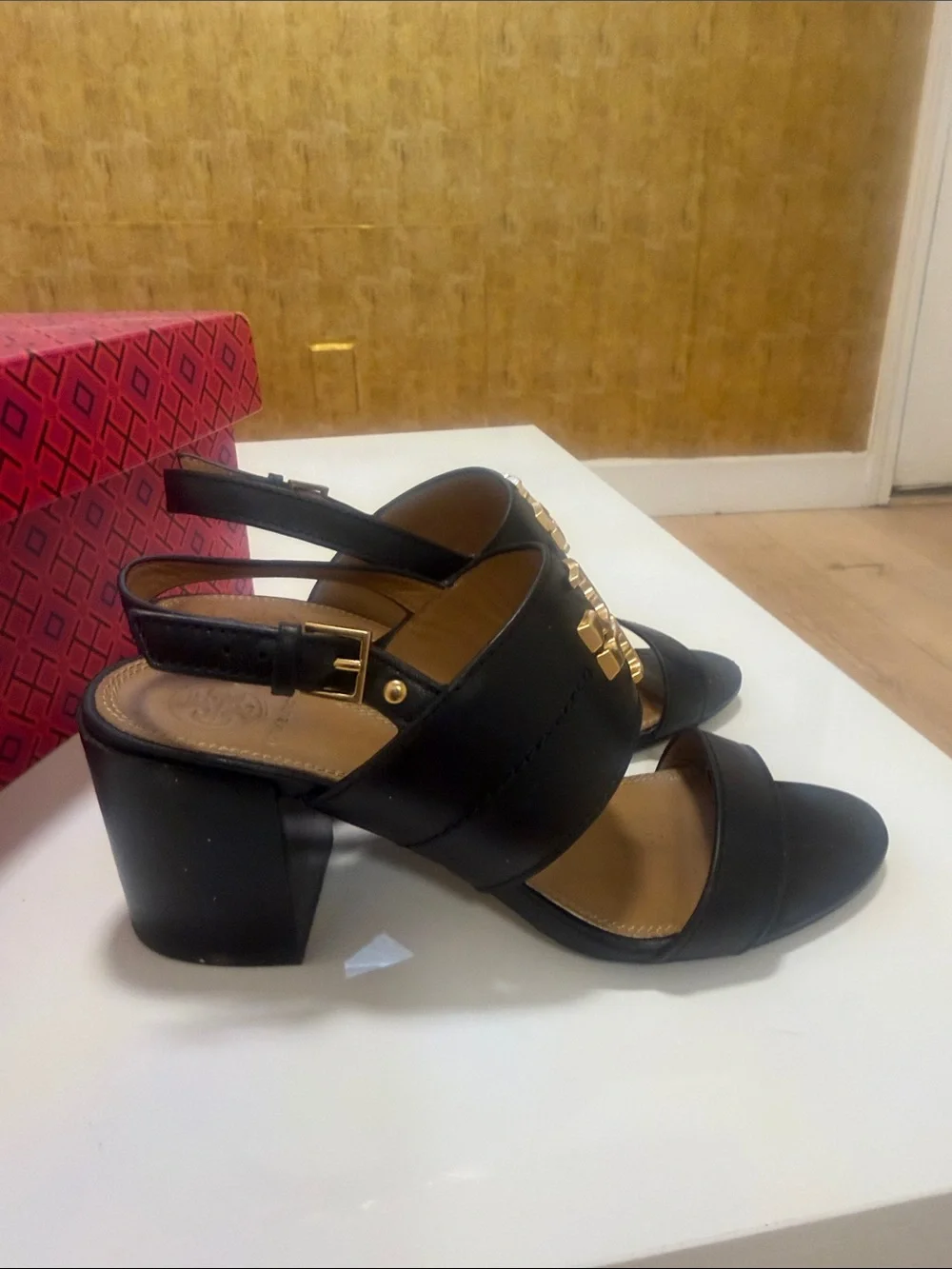 Tory Burch Black Leather Gold-Logo Slingback Heels